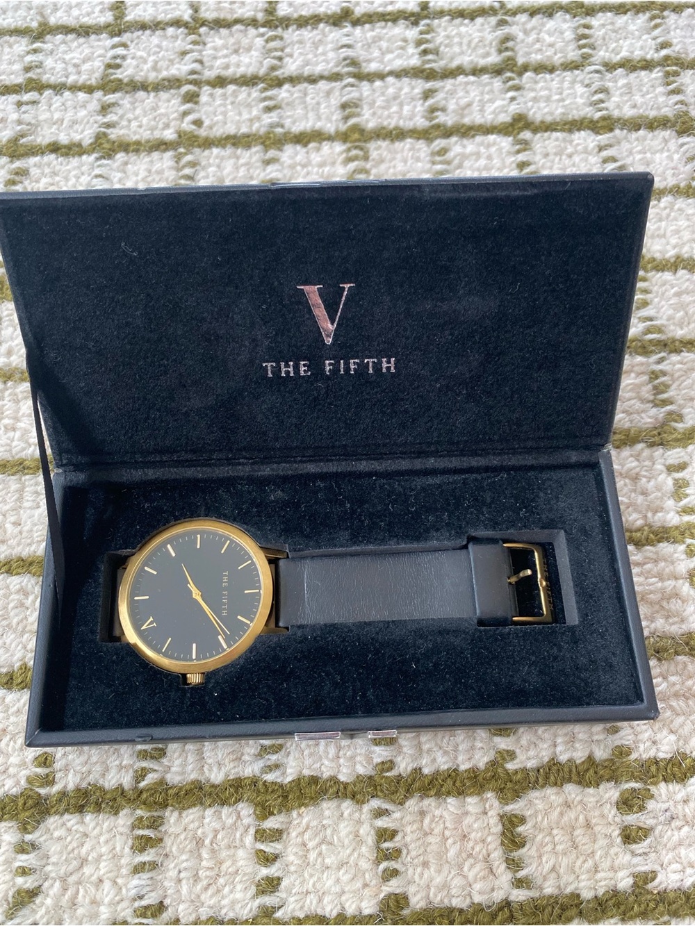 The Fifth Unisex Black Leather Strap Watch with Gold Face